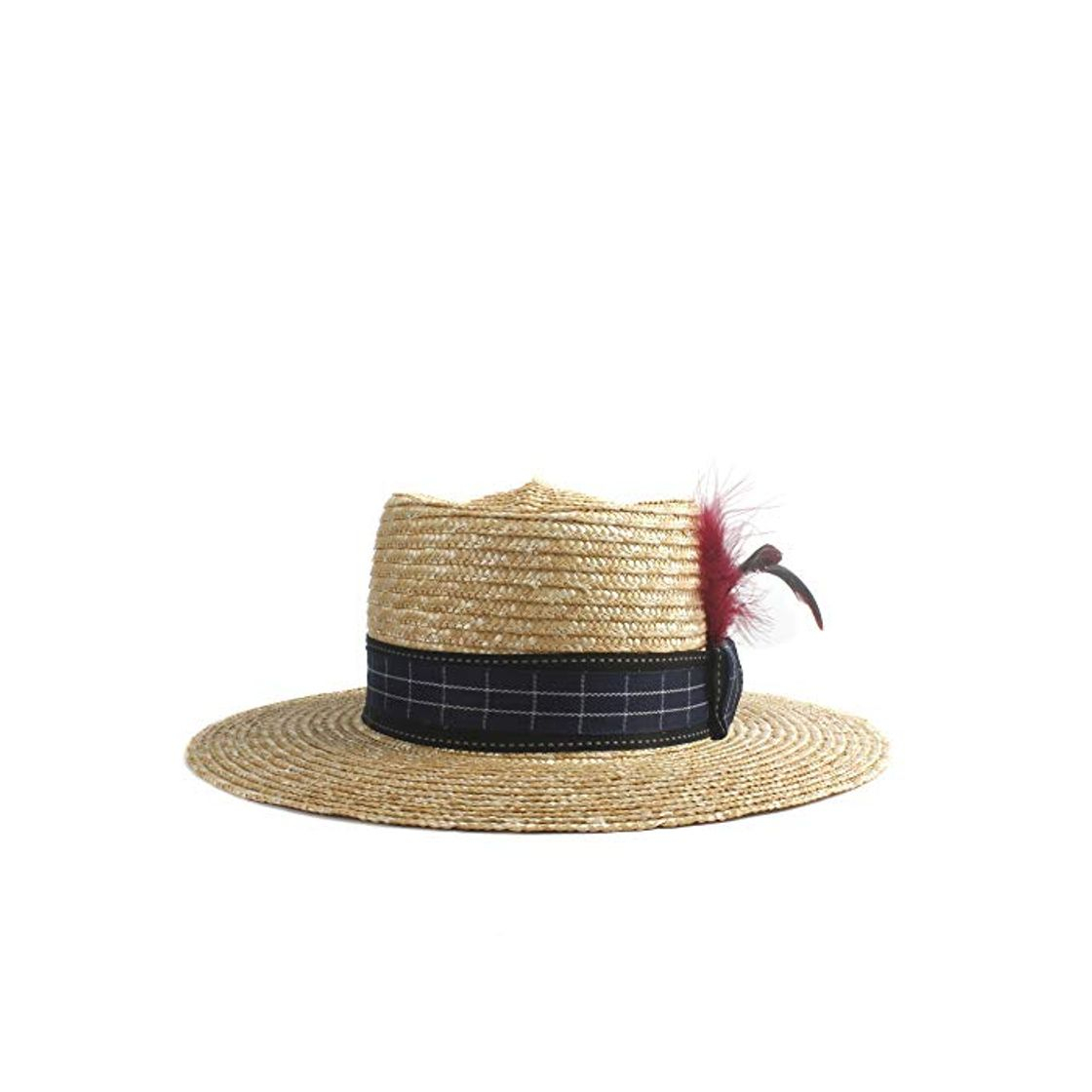 Fashion Sombrero de paja para hombre Verano Tres Decoración de plumas rojas Ala corta corta Panamá Jazz Protector solar Sombrero de playa Damas Elegante Caballero Sombrero para el sol Sombrero de paja Sombrer