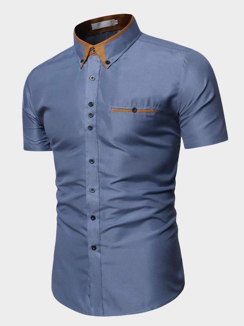 Fashion Camisa azul con detalles en café 