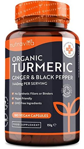 Cúrcuma Orgánica de 1440 mg con Pimienta Negra y Jengibre -180 Cápsulas