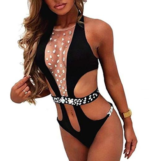 EVRYLON Traje de Mujer Completo mar Transparente Aplicaciones Trajes de baño Talla L Color Negro Idea cumpleaños Sexy Hot Bikini