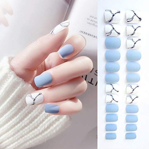 Sethexy Puntas de uñas de grano mate White & Bule Medium Diseño