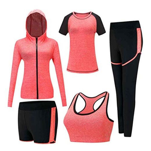 Inlefen Conjuntos de chándal de Mujer Conjunto de Traje de Deporte Conjunto de Ropa Deportiva Deportiva de Secado rápido Jogging Suave para Mujer Ropa de Yoga Conjunto de 5 Piezas Naranja S