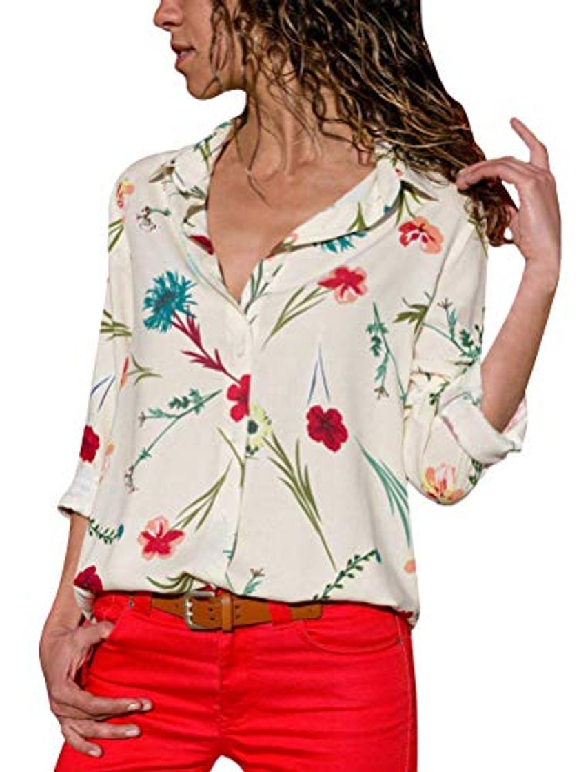 Fashion Camisas Mujer Manga Larga Blancas Estampadas Flores Mariposa Stand Cuello Camisa De Vestir Fiesta Elegantes Otoño Y Verano Tops Office Wear Blusas Blusones De Señoras Casual Blanco ES 44