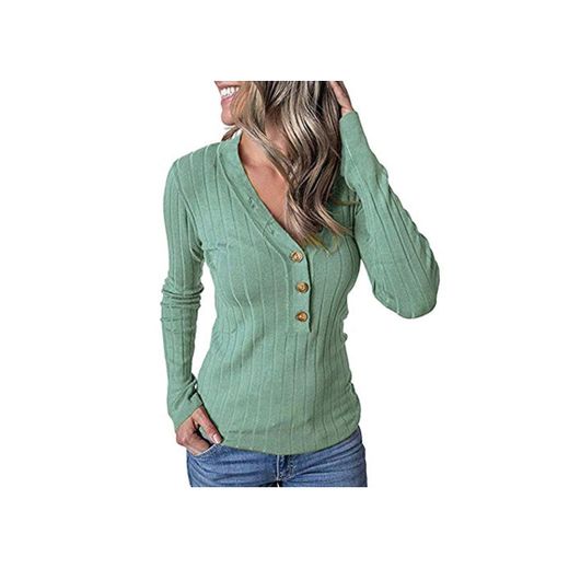 SPI suéteres femeninos para mujer Roupas Femininas color sólido base suéter cuello en V manga larga con botones acanalados sueltos Verde verde M