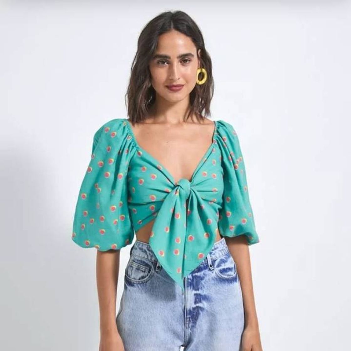 Producto Blusa Cropped Manga Longa Bufante Estampa Poá com Amarração