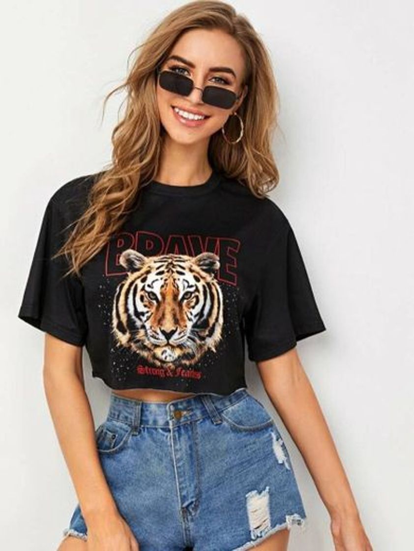 Fashion Top Corto con Estampado de Letra y Tigre 