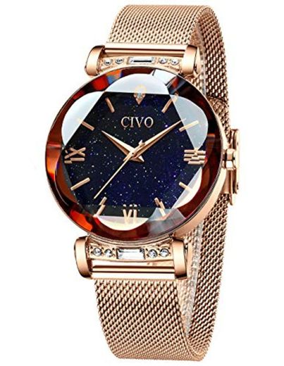 CIVO Relojes Mujer Oro Rosa Reloj de Pulsera Mujer Impermeable de Malla de Acero Inoxidable Relojes Estrellados Cielo para Mujer Vestir Elegantes Negocios
