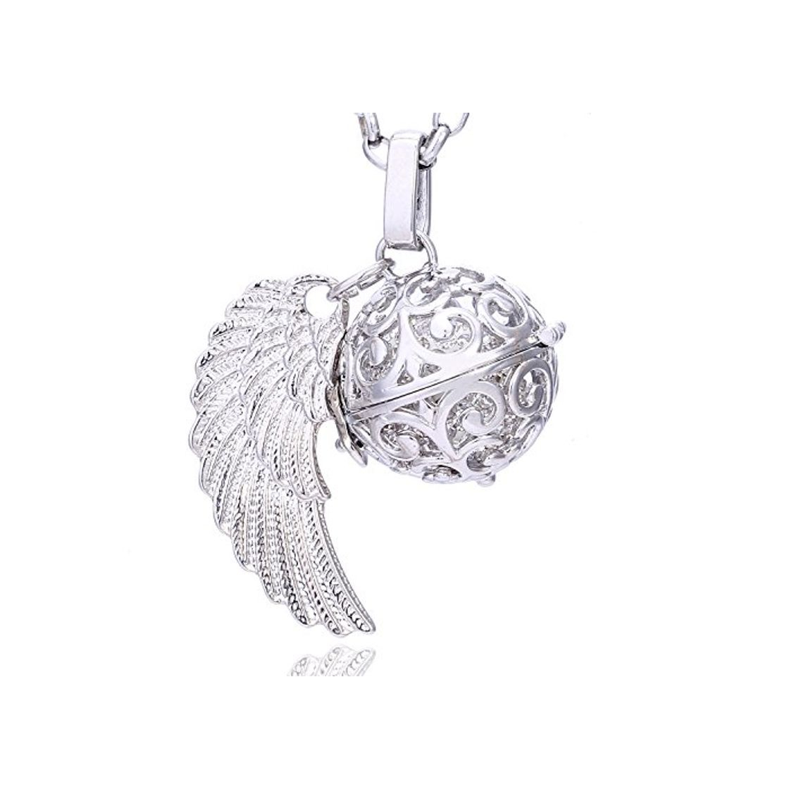 Social Morella Collar ángel de la Guarda de Acero Inoxidable 70 cm con Colgante alas de ángel y Bola de resonancia de circonita de Color Blanco Ø 16 mm para Damas en Bolsa para Joyas