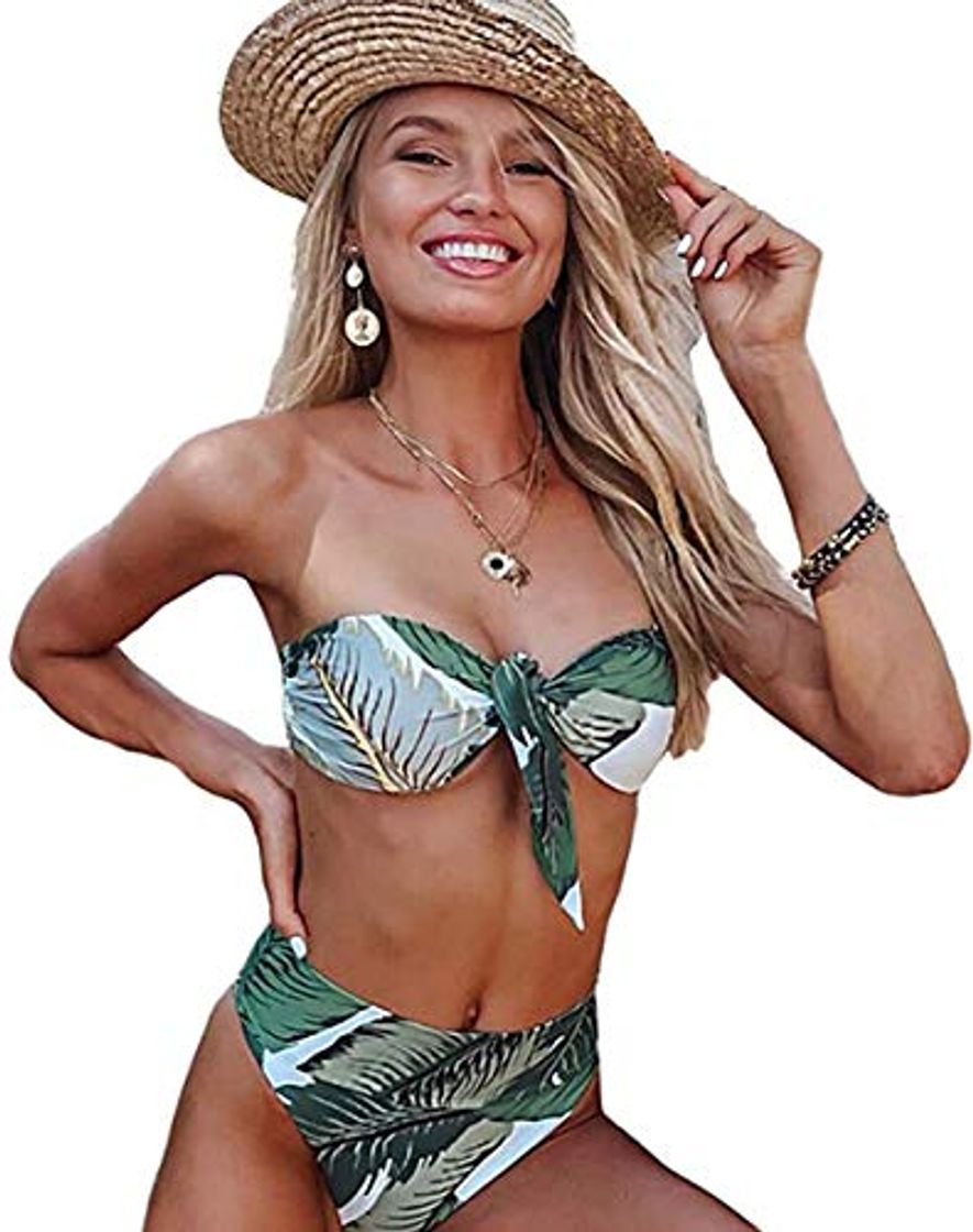 Fashion CheChury Mujer Conjunto De Bikini Traje de Baño 2020 Push up Bikini Floral Monokini Tropical Hojas Bikini Cuello Halter Sin Tirantes Bandeau Bikini Bikini Floral impresión Inferior Traje de bañ