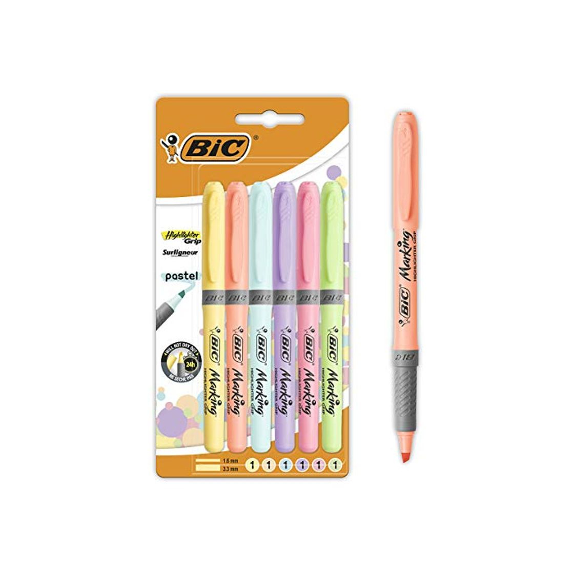 Social BIC Highlighter Grip Pastel Marcadores de Punta Biselada Regulable - Colores surtidos