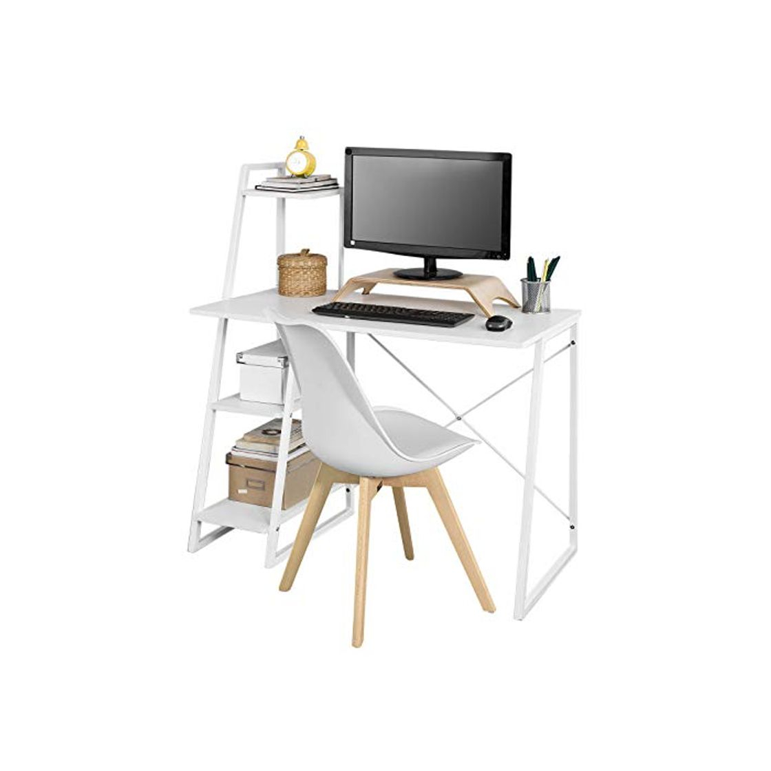 Producto SoBuy Mesa de Escritorio, Mesa de Ordenador con Tres Estantes,Color Blanco,FWT29-W,ES