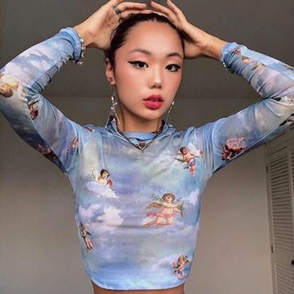 Social Angel Print Mesh Crop Top