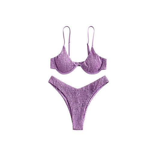 ZAFUL Conjunto de bikini para mujer con aros de corte alto y corte ahumado morado M