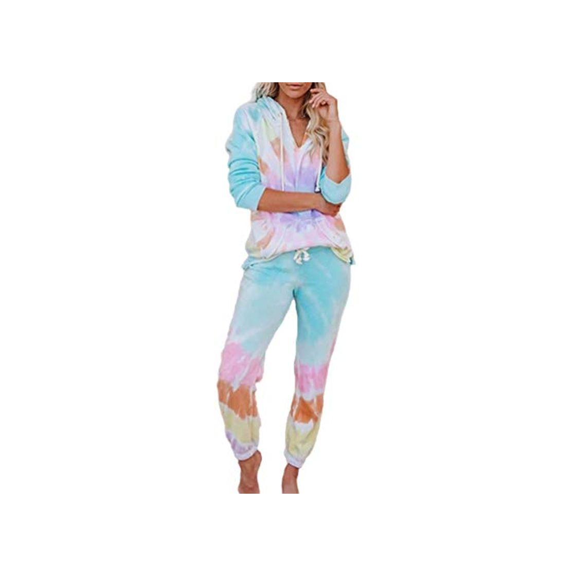 Moda Mujeres Tie Dye Graphic Print Manga Larga Sudaderas Pijamas Conjuntos Casual Loungewear Chándal Azul azul XL