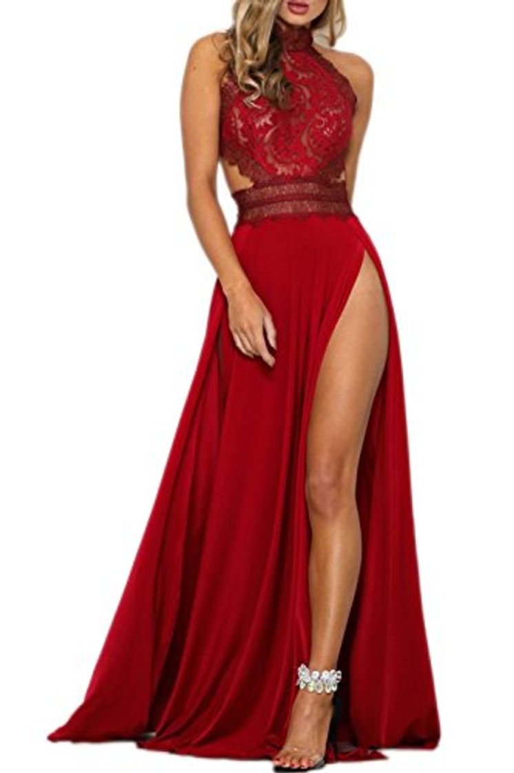 Social Mujer Maxi Vestido Sexy Sin Mangas Cabestro Backless División Cordón Sólido Fiesta Paseo Vestidos Rojo S