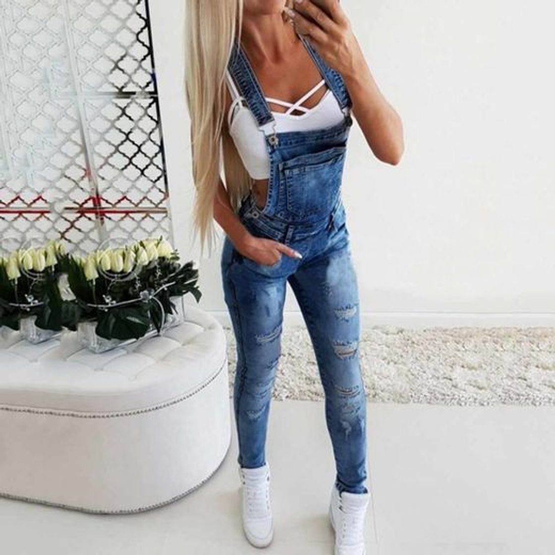 Social Overol de Mujer Jean Monos de Mezclilla sin Mangas Delgados con Agujeros Rasgados Casuales Azul M
