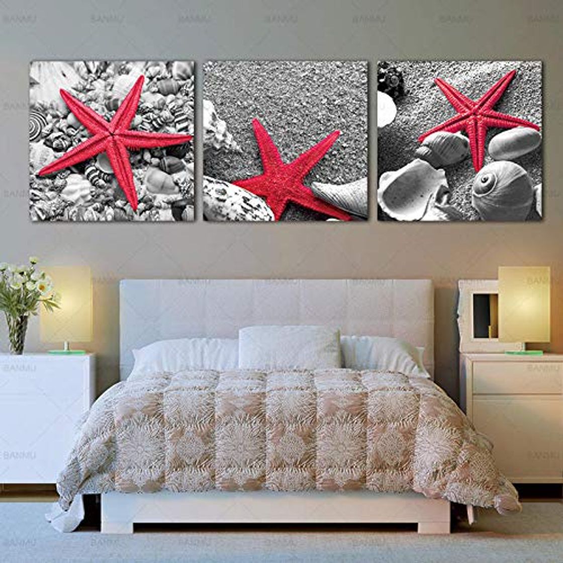 Producto Cqzk Pintura Moderna sobre Lienzo Arte de la Pared Impresión de Imagen Conchas de Estrellas de mar Panel de Playa de Arena Paisaje Marino Imágenes Sala de Estar Dormitorio 50x50cmx3 Sin Marco