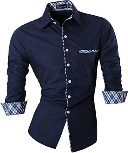 jeansian Hombre Camisa Moda Casual Button Down Slim Fit Long Sleeves Dress Shirt Tops Z020 Navy L