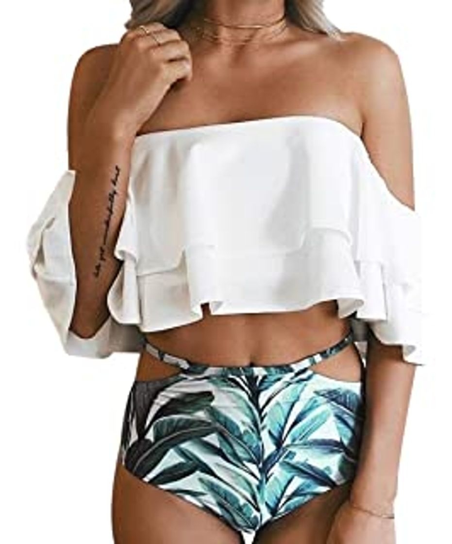WonderBabe Mujer Traje de Baño Sexy Traje de Baño de Dos Piezas Mujer Tankini Camisola con Volantes y Bragas de Cintura Alta Conjunto Traje de Playa de Verano