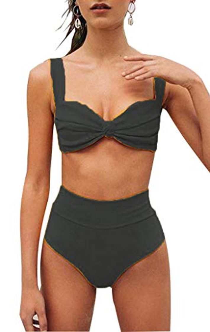 Fashion CheChury Mujer Color Sólido Conjunto de Frill Bikini Talle Alto Trajes de baño Dos Piezas Grandes Sexy Vintage Vientre Plano Bañadores Push Up Bañador