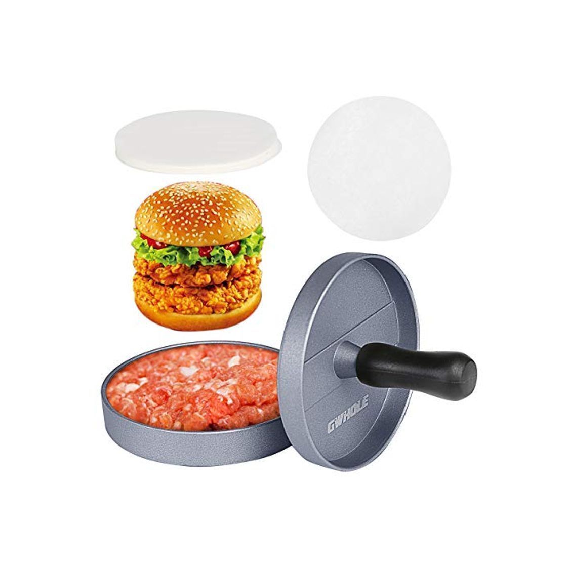 Social GWHOLE Prensa de Hamburguesa Antiadherente Molde Hamburguesa con 100 Papeles de Hamburguesas