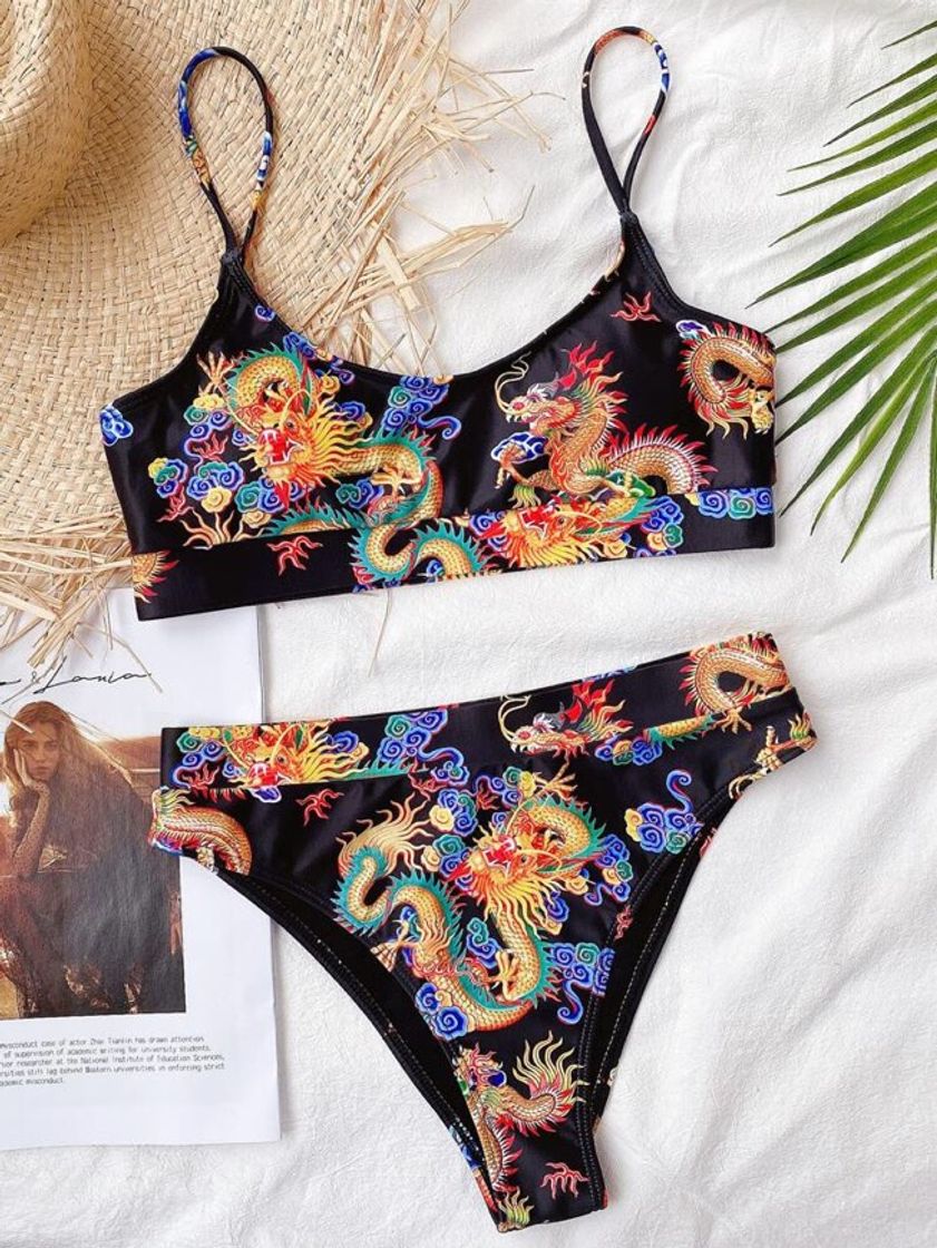 Social Dragon Print High Waisted Bikini Swimsuit