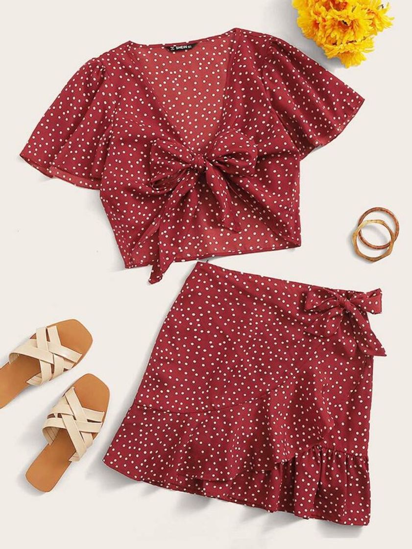 Social Polka Dot Self-Tie Crop Top & Wrap Skirt Set