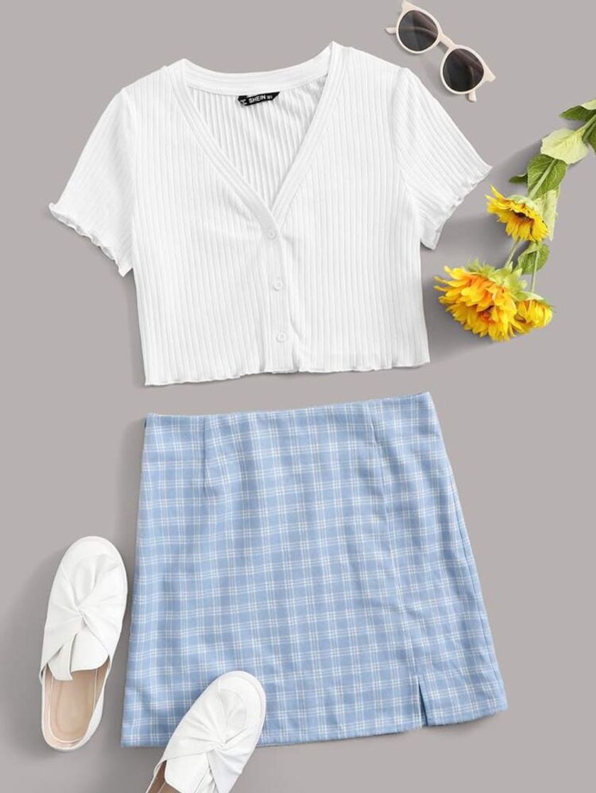 Social Button Front Lettuce Edge Tee and Plaid Skirt Set