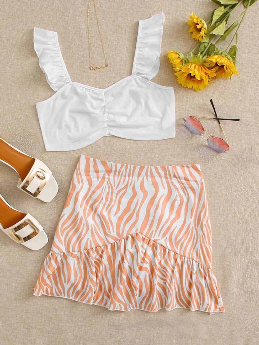 Social  Conjunto Top Con Fruncido Ribete Fruncido Con Falda De Raya