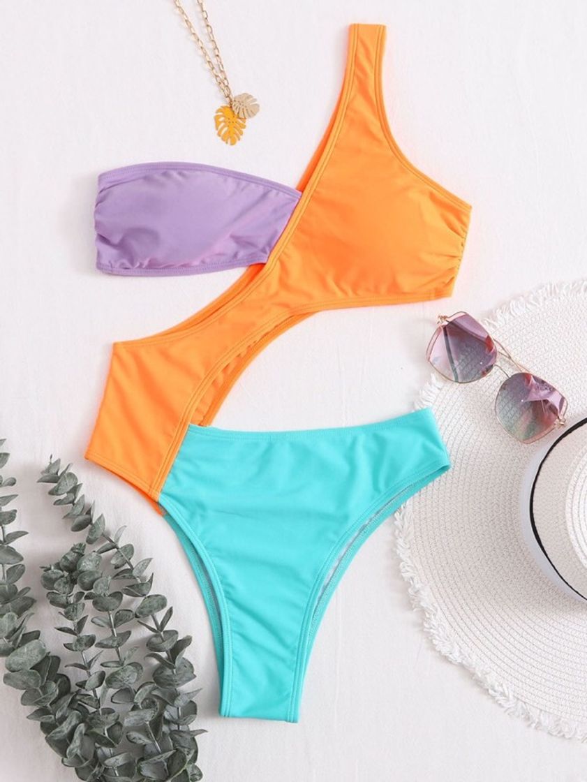 Social Bañador Una Pieza De Un Hombro Con Abertura De Color