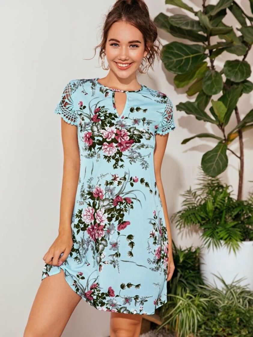 Fashion SHEIN vestido con estampado floral de manga corta con encaje