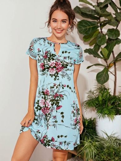 SHEIN vestido con estampado floral de manga corta con encaje