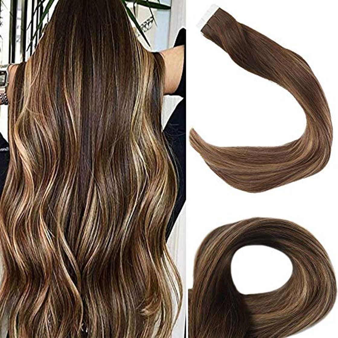 Social Full Shine Extenciones De Cabello Humano 24 Pulgadas Invisible Tape In Hair Extensions Balayage Color 4 Marrón Fading To 27 Rubia And 14 Highlighted With Color 4 Marrón 50G Adhesive Hair Piece