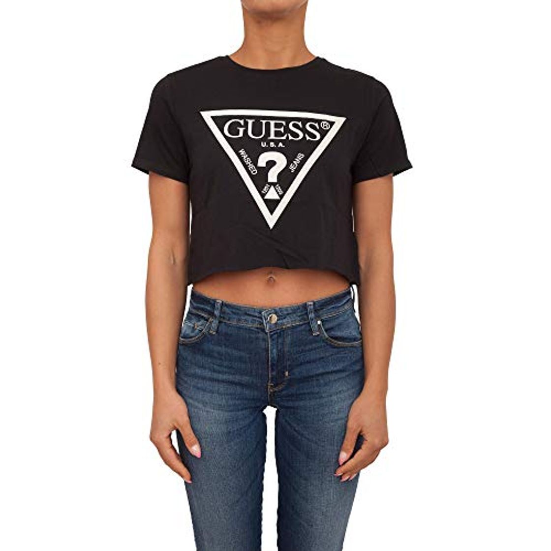 Product Guess Camiseta para Mujer, sin Barriguita - Crop-Top, Logotipo Impreso, Cuello Redondo,