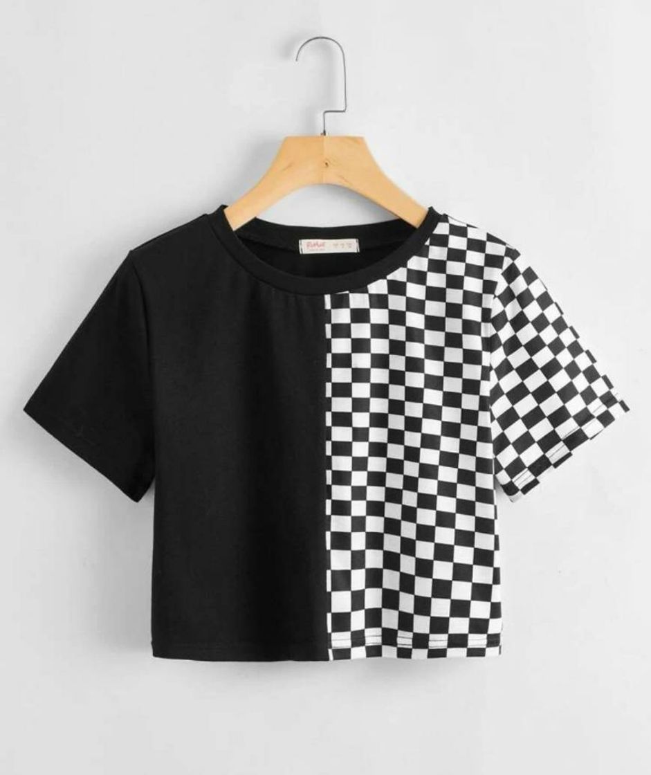 Fashion Colorblock Checkerboard Crop Tee