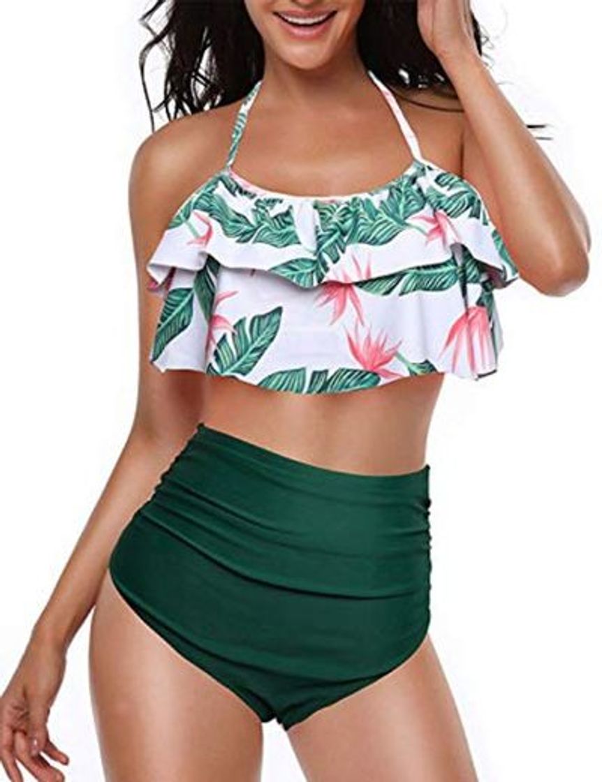 Social Yuson Girl Mujer Conjunto De Frill Bikini Tiras Talle Alto Tallas Grandes Sexy Traje De Baño Cuello Halter Vintage Vientre Plano con Volantes Top Bikini Push Up Flores Braga Triangulo Alta