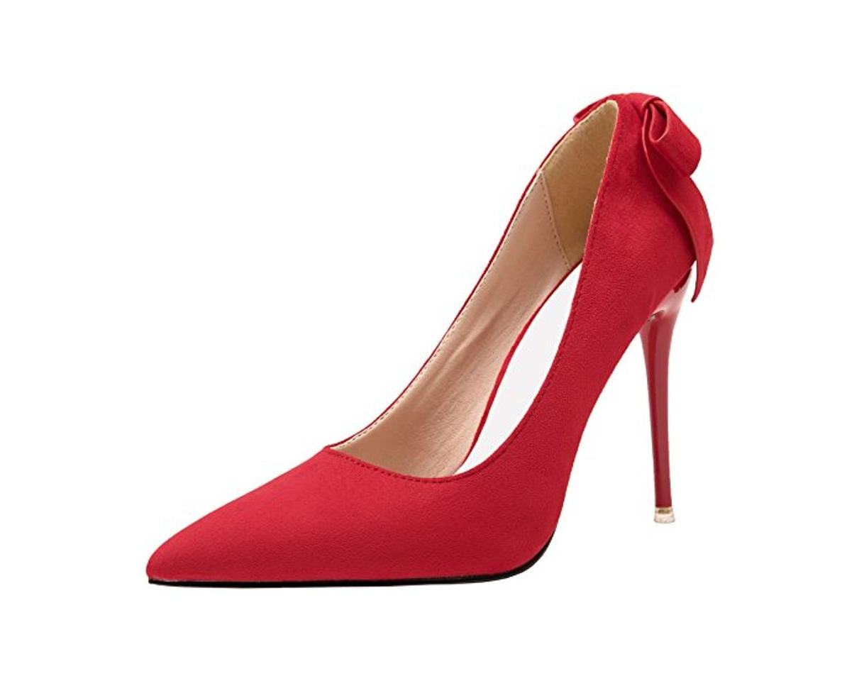 Fashion Boda Zapatos Para Mujer Rojo Ante Tacones altos Dulce Bowknot Stiletto Fiesta Zapatos de tacón De BIGTREE 39 EU