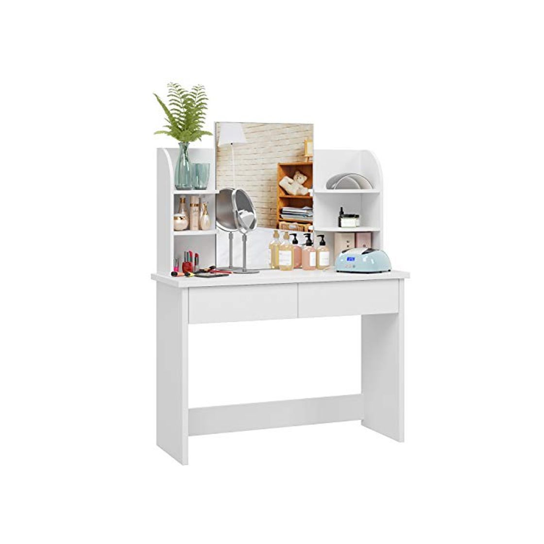 Social Homfa Tocador con Espejo Mesa de Maquillaje Tocador de Dormitorio con 2 Cajones 4 Estantes Blanco 107x40x142cm