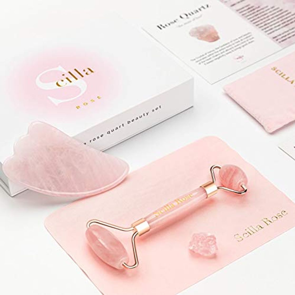 Social Rodillo de cuarzo rosa y Gua Sha Premium Set Rosa Jade Anti-Envejecimiento