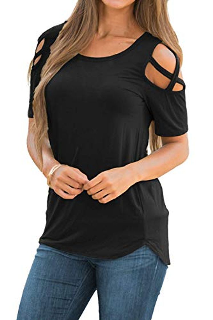 Fashion Camisetas de Manga Corta para Mujer Hombro Frío Blusas con Cuello Redondo