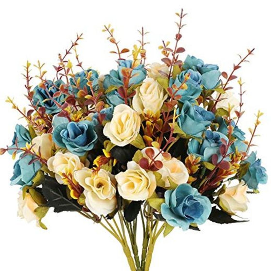 Producto HUAESIN 4pcs Ramo Flores Artificiales Decoracion Vintage Flor Rosa Artificial Azul y Blanco Flores de Seda de Tela para Jarrones Boda Fiesta Maceta Hogar Interior Centro de Mesa Balcon Terraza