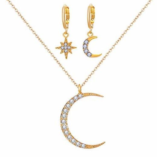 Pendientes YDHWWSH Estrela de cristal lua sol colar conjunto brincos pendurados em