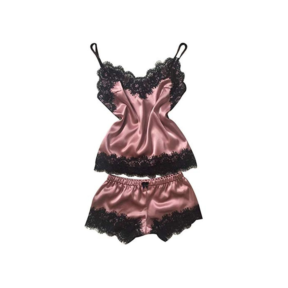 Social Proumy Pijama Rosa Conjunto Mujer Verano Camisola con Calzoncillos Ropa de Dormir Cuello V de Encaje Pestañas Transparente Chaleco con Tiras Dos Piezas Bata Sexy Vestido Interior Lencería Elegante