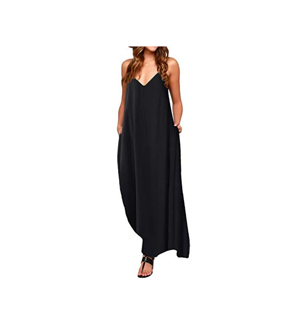 Product ACHIOOWA Mujer Vestido Elegante Playa Casual Dress Cuello V Sin Manga Túnica Sin Hombros Escote Punto Bolsillo Caftán Oversize Falda Larga Negro L