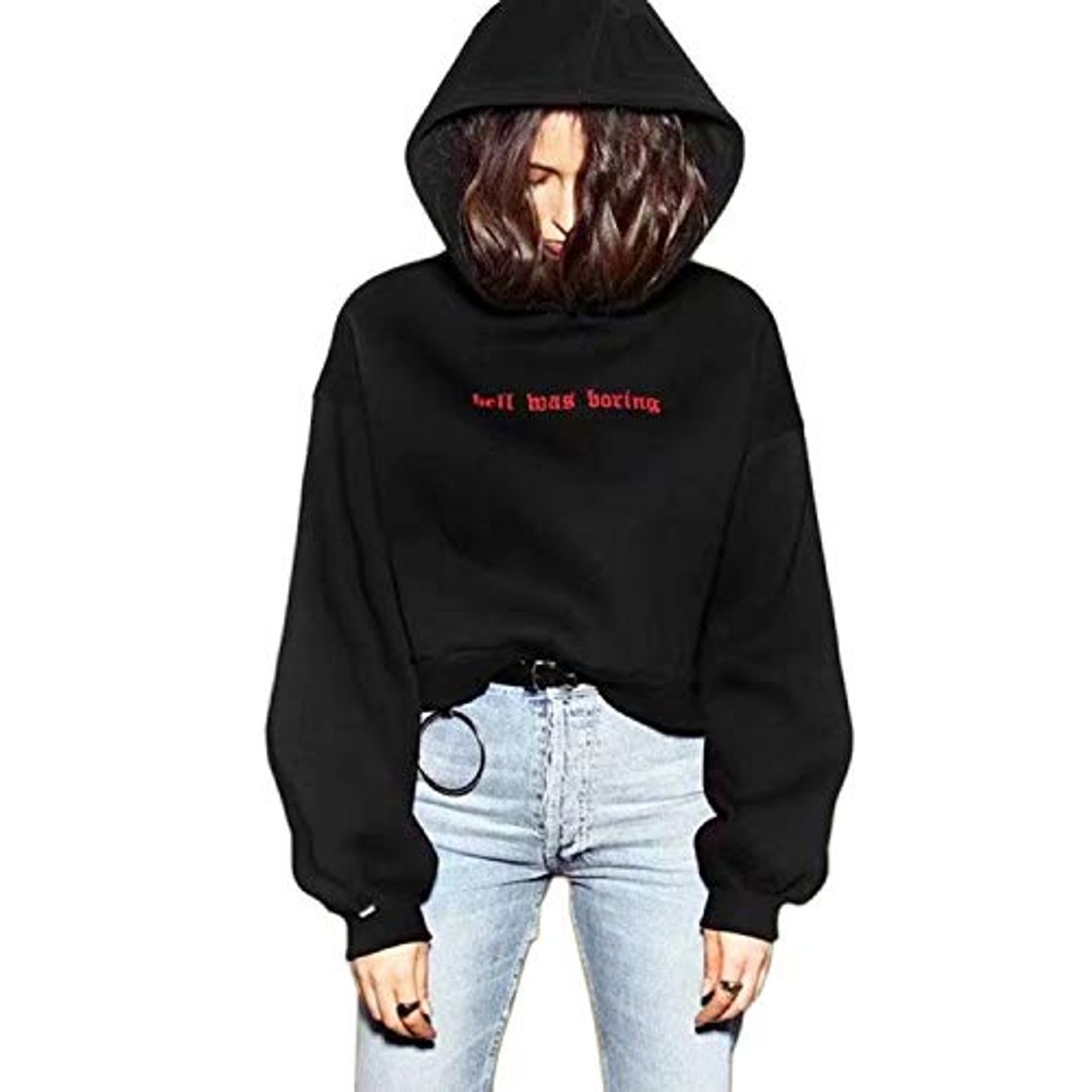 Moda Crop Sudaderas con Capucha Mujer Tumblr Invierno Negra Deporte Corta Hoodie Suéter