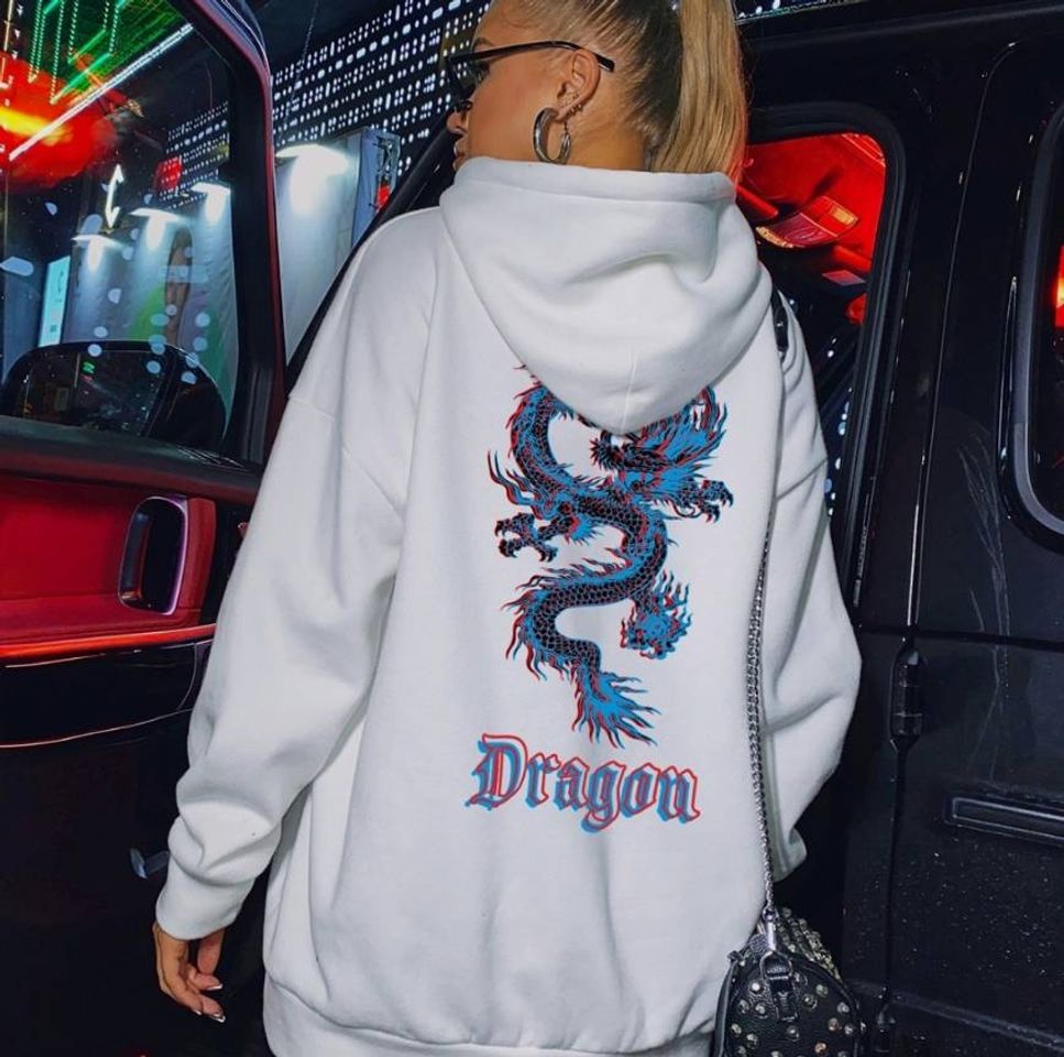 Moda Chinese Dragon And Letter Graphic Oversized Hoodie