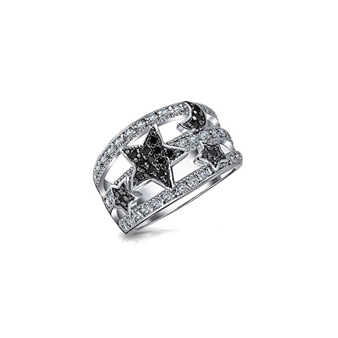 Producto Blanco Y Negro Zirconio Cúbico CZ Fashion Celestial Luna Estrella Anillo Mujer Adolescente De Latón Chapado En Plata