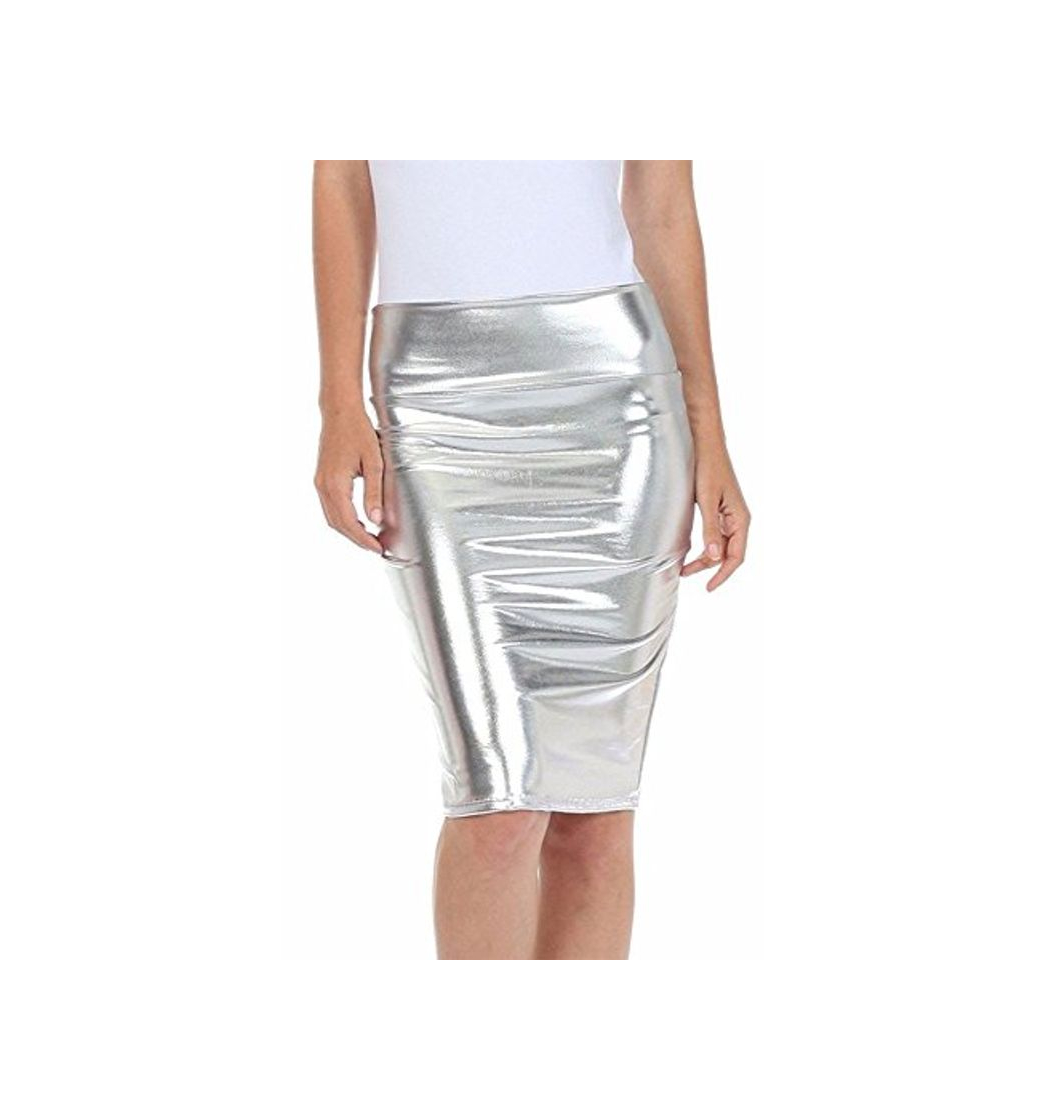 Fashion Islander Fashions Mujeres Met�Lico Brillante PVC Mojado Look Cintura Alta Party L�PIZ Midi Falda Plateado Peque�o