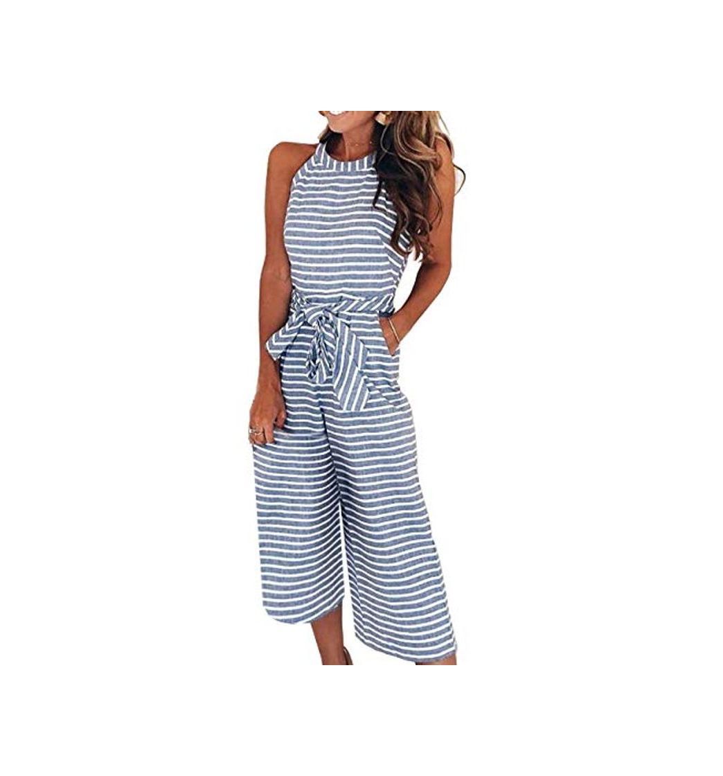 Social FeelinGirl Mujer Mono Raya Talle Alto Enterizo Pantalón con Lazo Cinturilla Piernas Anchas Azul XXL