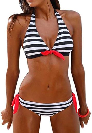 Tuopuda Mujer Multicolor Cabestro Bikini Conjuntos de Cintura Baja Ajustable Bikini Inferior Impresa Raya Playa Traje de Baño